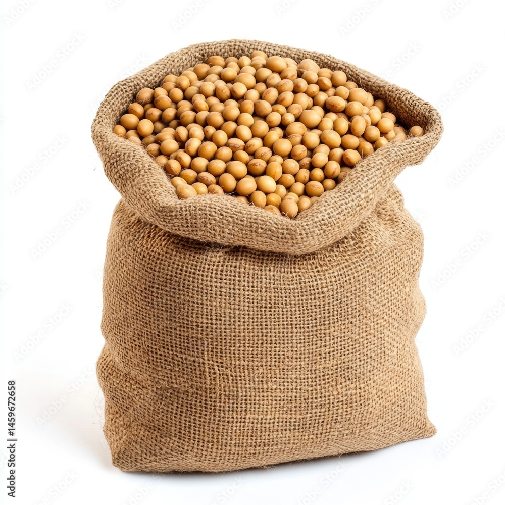 A burlap sack filled with soybeans. A close-up view of the legumes A burlap sack filled with soybeans. A close-up view of the legumes