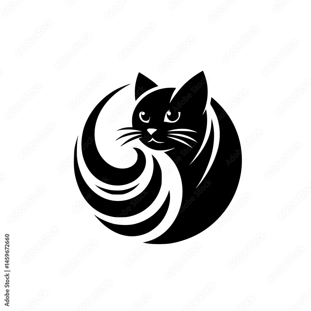 Elegant Black Cat Silhouette Logo: Swirls, Minimalist, & Playful Design Elegant Black Cat Silhouette Logo: Swirls, Minimalist, & Playful Design