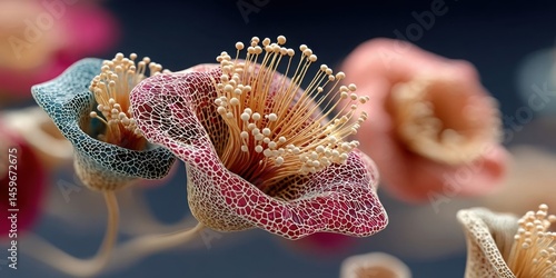 Close-Up of Intricate Fungi Spores with Pastel Colors and Network Patterns