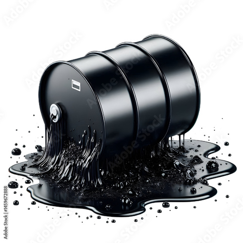Black oil or petroleum spilled leaking from a black barrel, environmental pollution concept isolate on White background