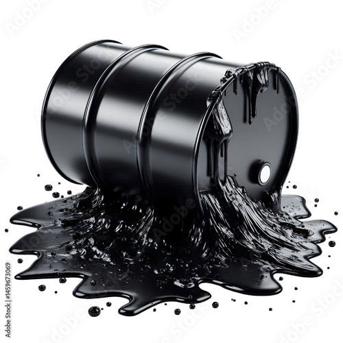 Black oil or petroleum spilled leaking from a black barrel, environmental pollution concept isolate on White background