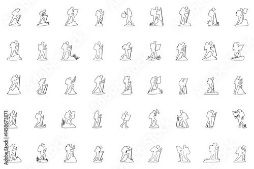 Continuous line art vector collection of hikers with backpacks using maps and trekking poles