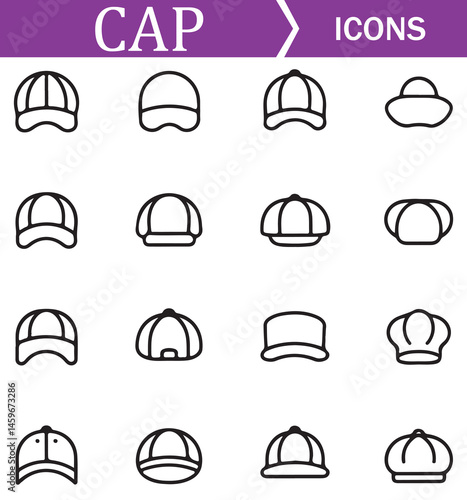 Collection of various hat icons in line art style, featuring different types of hats such as caps, fedoras, and wide-brimmed hats, suitable for fashion, accessories, and lifestyle projects.
