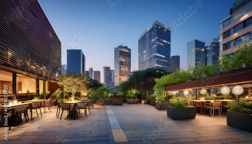 urban restaurant with outdoor seating area at dusk surrounded by city buildings