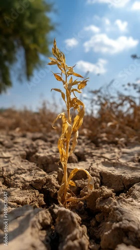 Dried plant struggling in arid landscape with cracked earth under a blue sky shows the effects of drought and climate change on vegetation.