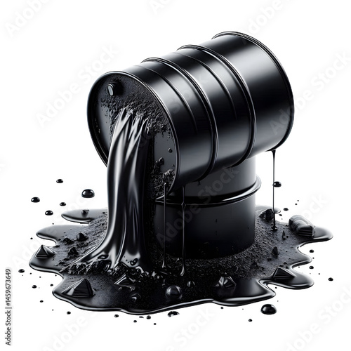 Black oil or petroleum spilled leaking from a black barrel, environmental pollution concept isolate on White background