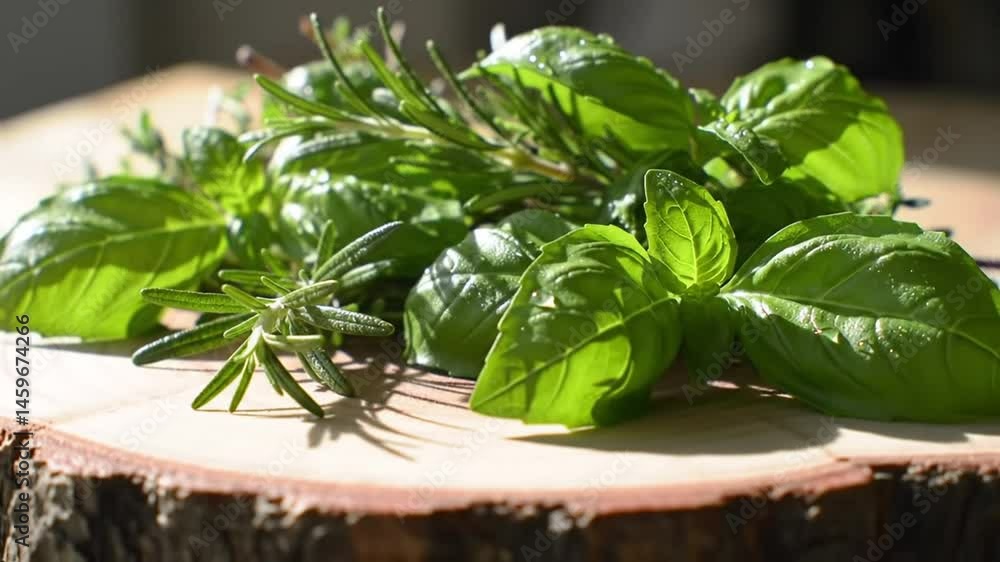 Freshly harvested aromatic herbs basil, rosemary, and thyme on wooden background Freshly harvested aromatic herbs basil, rosemary, and thyme on wooden background