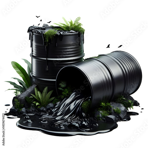 Black oil or petroleum spilled leaking from a black barrel, environmental pollution concept isolate on White background