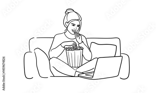 Girl eating popcorn and watching laptop line art, isolated on white background. Relaxing at home, watching movies. Vector illustration