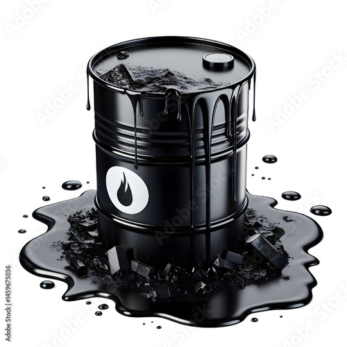Black oil or petroleum spilled leaking from a black barrel, environmental pollution concept isolate on White background