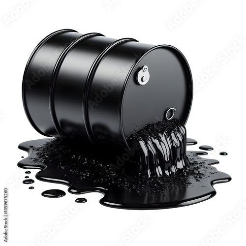 Black oil or petroleum spilled leaking from a black barrel, environmental pollution concept isolate on White background