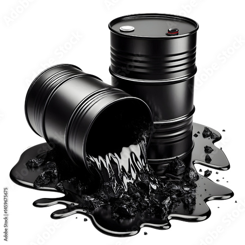 Black oil or petroleum spilled leaking from a black barrel, environmental pollution concept isolate on White background