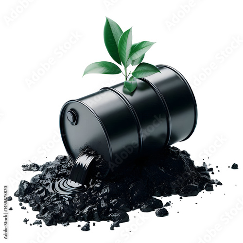 Black oil or petroleum spilled leaking from a black barrel, environmental pollution concept isolate on White background