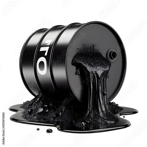 Black oil or petroleum spilled leaking from a black barrel, environmental pollution concept isolate on White background