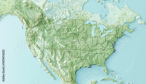 Detailed topographic map of North America, focusing on the United States