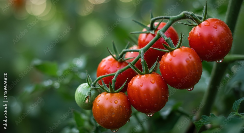 Cluster of cherry tomatoes on the vine, softly blurred garden background, morning dew glistening on leaves. Cluster of cherry tomatoes on the vine, softly blurred garden background, morning dew glistening on leaves.