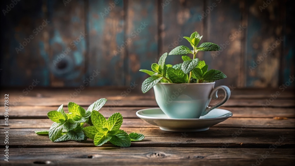 Fresh Mint Leaves in a Teacup on Rustic Wooden Table Fresh Mint Leaves in a Teacup on Rustic Wooden Table