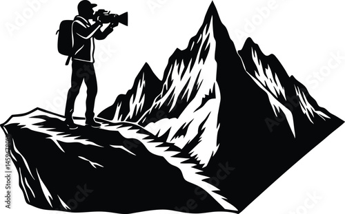 Travel Photographer Silhouette on Cliff with Mountains