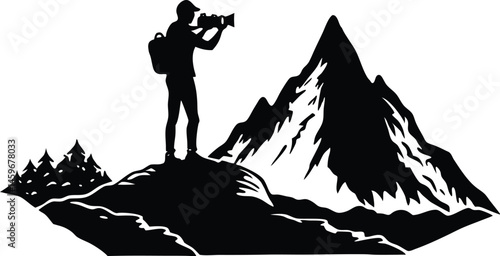Travel Photographer Silhouette on Cliff with Mountains