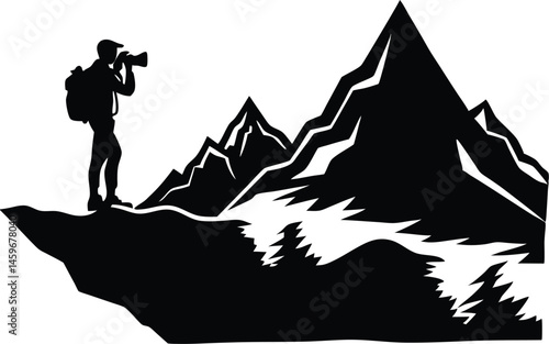 Travel Photographer Silhouette on Cliff with Mountains