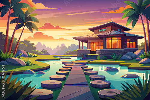 vector of A luxury home with stepping stones over a tranquil pond at sunset in Hawaii