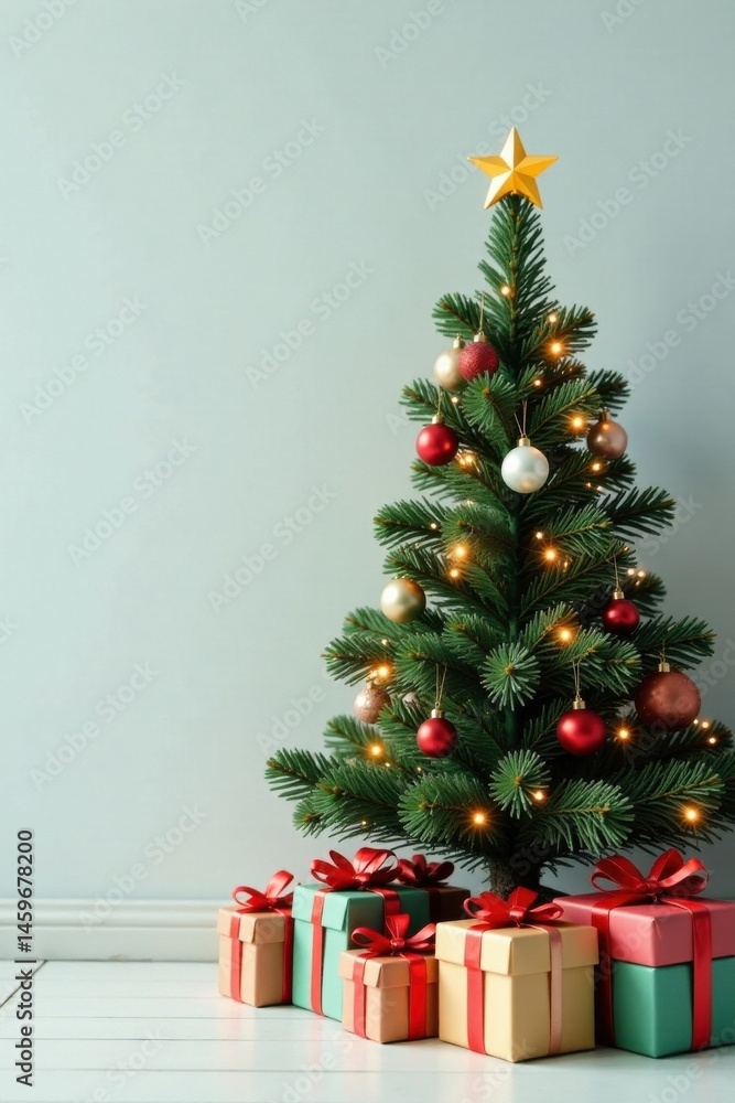 A Festive Christmas Tree with Illuminating Lights and Wrapped Presents at its Base A Festive Christmas Tree with Illuminating Lights and Wrapped Presents at its Base