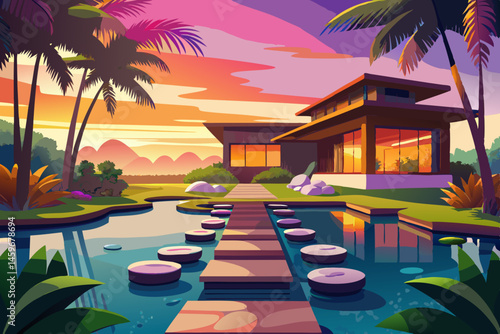 vector of A luxury home with stepping stones over a tranquil pond at sunset in Hawaii