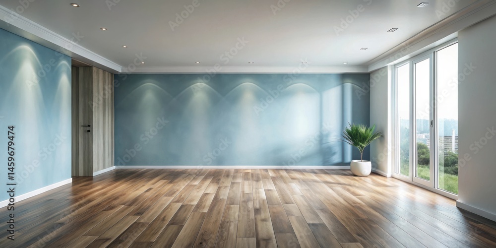 Fototapeta premium Spacious room interior design showcasing hardwood flooring and a serene blue wall, ideal for modern home staging
