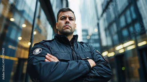 Security guard monitors entrance of modern building during busy day in urban environment