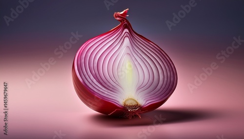 cutting a red onion in half reveals its layered makeup with the soft gradient background serving to highlight the complexity of its patterns