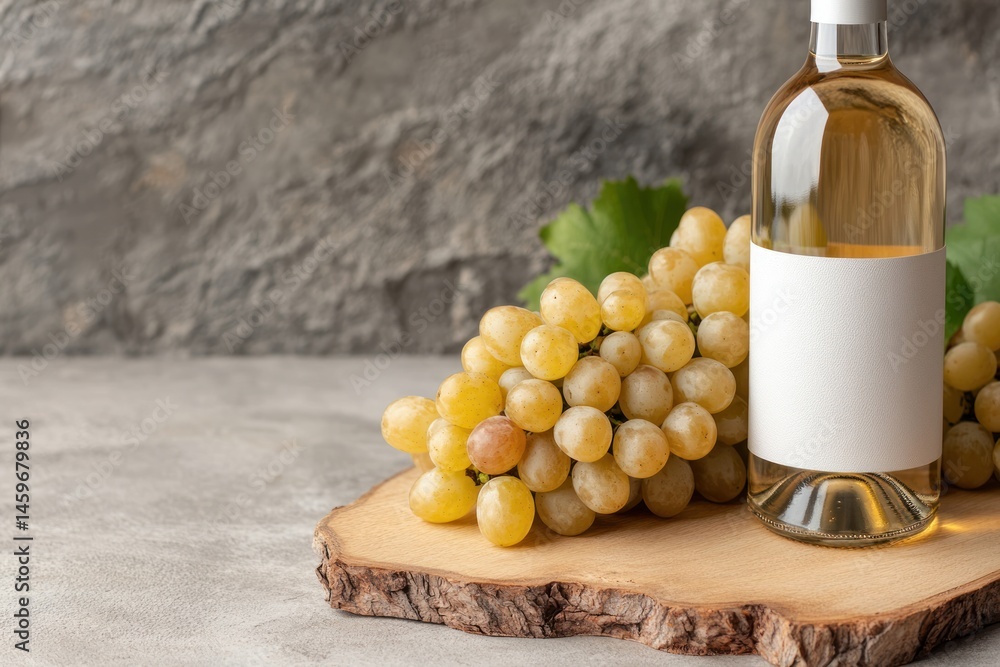 White wine bottle and grapes on a wooden board White wine bottle and grapes on a wooden board