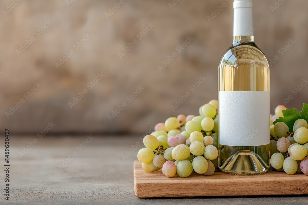 Obraz premium White wine bottle with grapes on a wooden board