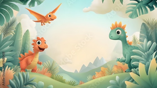 Fototapeta Naklejka Na Ścianę i Meble -  Cute dinosaurs in a lush prehistoric landscape.