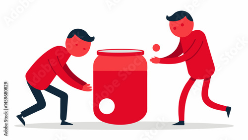 Team Effort Two characters one standing and one kneeling are both trying to open the jar collectively. The standing character pulls the jar down while the kneeling one pushes it up