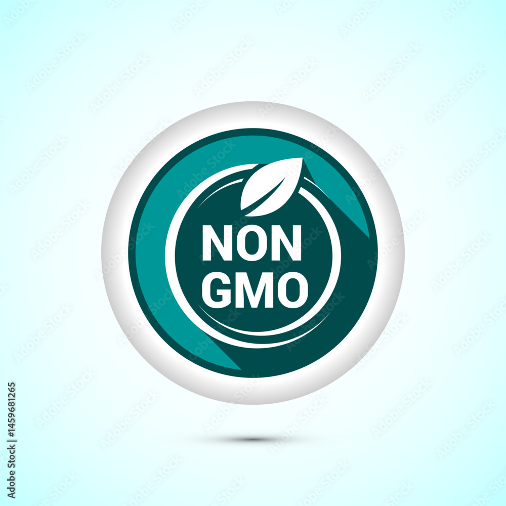 Non gmo icon design illustration, GMO free food label, Organic healthy food sign, Teal color shadow button design Non gmo icon design illustration, GMO free food label, Organic healthy food sign, Teal color shadow button design
