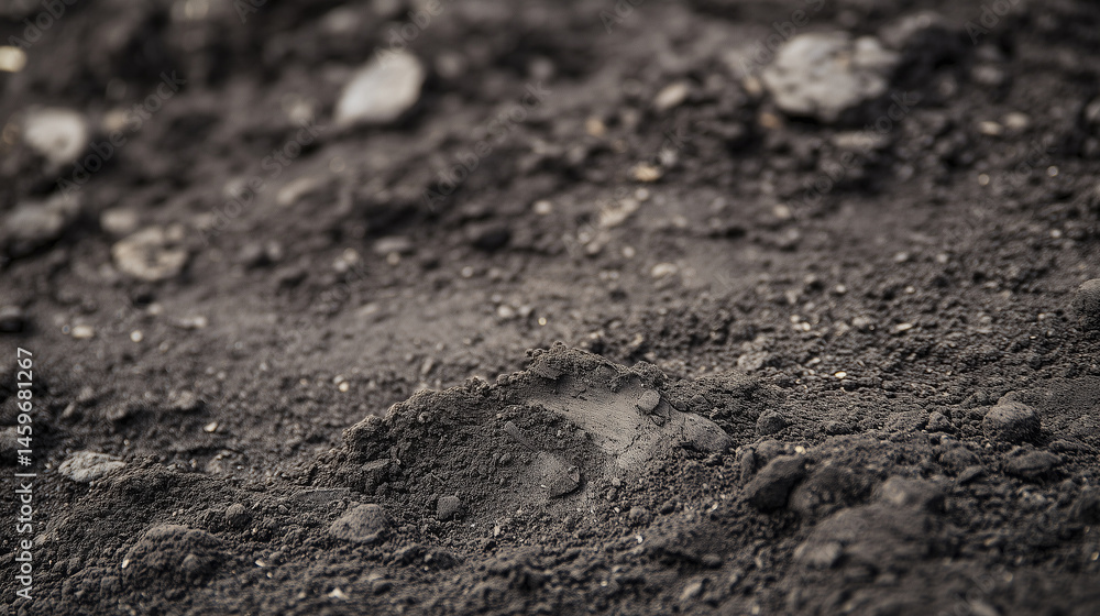 Close up on dark, rich soil with texture and small rocks - agriculture or gardening background. Close up on dark, rich soil with texture and small rocks - agriculture or gardening background.