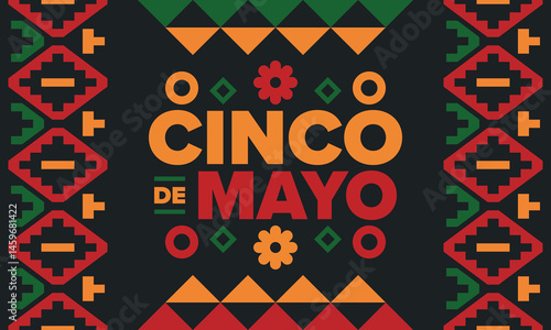 Cinco de Mayo in Mexico. Traditional mexican fiesta in May. National happy holiday with carnival, festival and parade. Latin american and spanish pattern. Illustration with sombrero. Vector poster