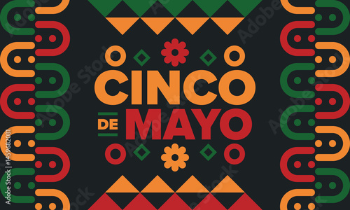 Cinco de Mayo in Mexico. Traditional mexican fiesta in May. National happy holiday with carnival, festival and parade. Latin american and spanish pattern. Illustration with sombrero. Vector poster