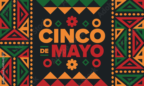 Cinco de Mayo in Mexico. Traditional mexican fiesta in May. National happy holiday with carnival, festival and parade. Latin american and spanish pattern. Illustration with sombrero. Vector poster