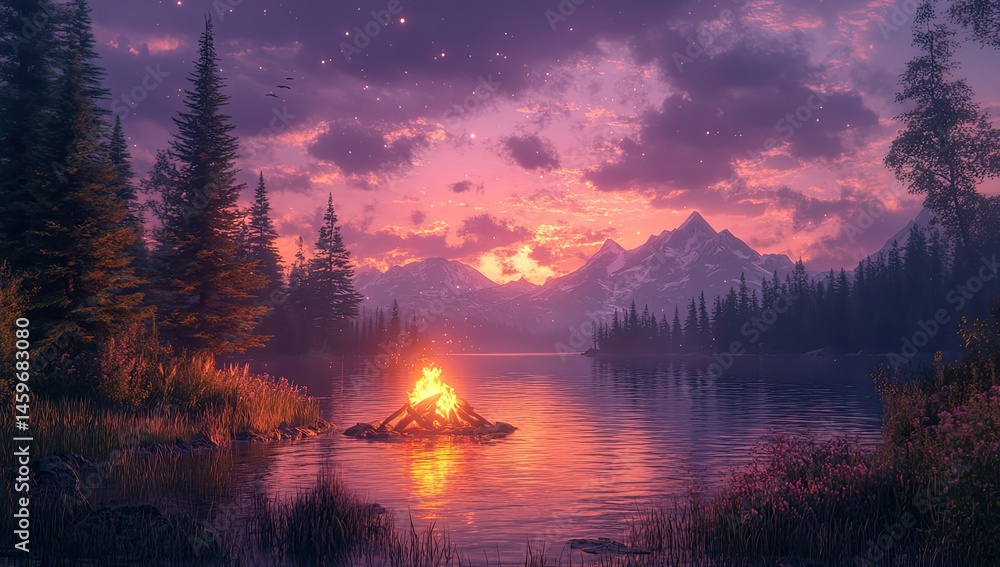 Fototapeta premium Campfire Sunset Mountain Lake.