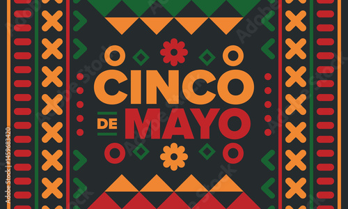 Cinco de Mayo in Mexico. Traditional mexican fiesta in May. National happy holiday with carnival, festival and parade. Latin american and spanish pattern. Illustration with sombrero. Vector poster