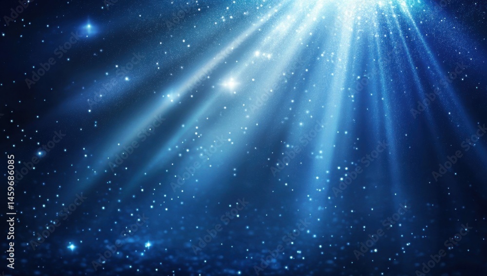 Blue light rays shining down on a dark background with stars and sparkles. Blue light rays shining down on a dark background with stars and sparkles.