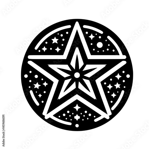 Black & White Pentagram Mandala with Stars on White Background