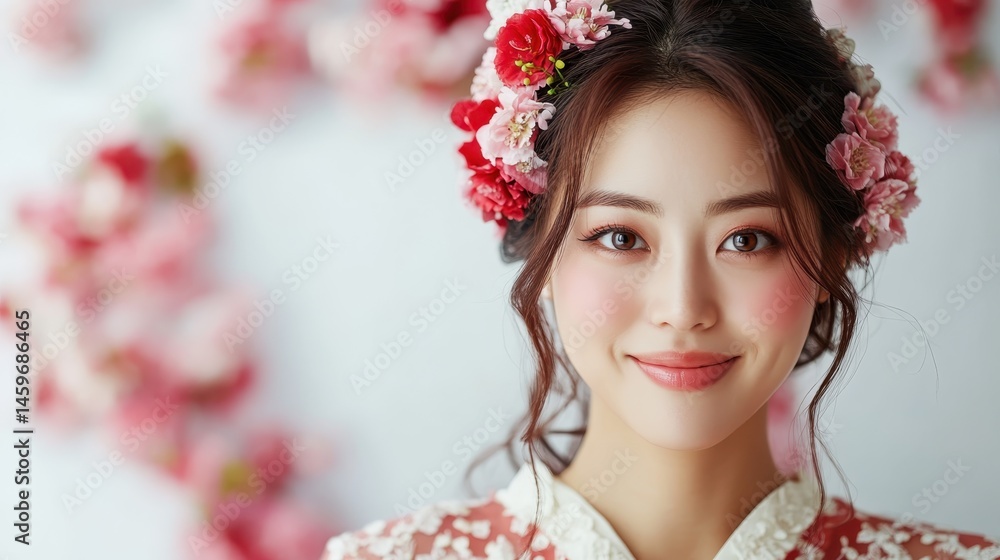 A smiling woman adorned with a floral crown captures the essence of beauty and joy, radiating happiness and elegance in a bright and vibrant atmosphere. A smiling woman adorned with a floral crown captures the essence of beauty and joy, radiating happiness and elegance in a bright and vibrant atmosphere.