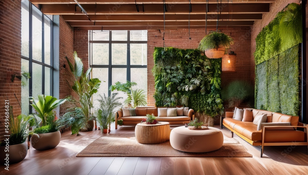 Fototapeta premium indoor vertical gardens biophilic design eco friendly indoor jungle inspired lounge with layered greenery exposed brick and natural fiber furnishings