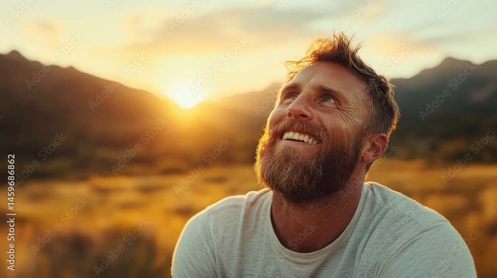 A bearded man gazes up with a joyful expression during a golden sunset, capturing an uplifting moment of reflection and happiness in the great outdoors. A bearded man gazes up with a joyful expression during a golden sunset, capturing an uplifting moment of reflection and happiness in the great outdoors.