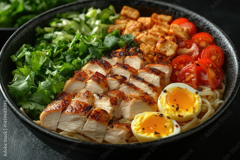 Fototapeta premium Chicken Ramen Bowl with healthy food.