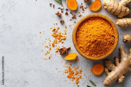 Fototapeta Naklejka Na Ścianę i Meble -  Turmeric powder in wooden bowl, with fresh turmeric roots and spices