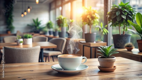 Wallpaper Mural Aromatic Coffee Steam Rising in a Tranquil Cafe Setting with Lush Greenery Torontodigital.ca