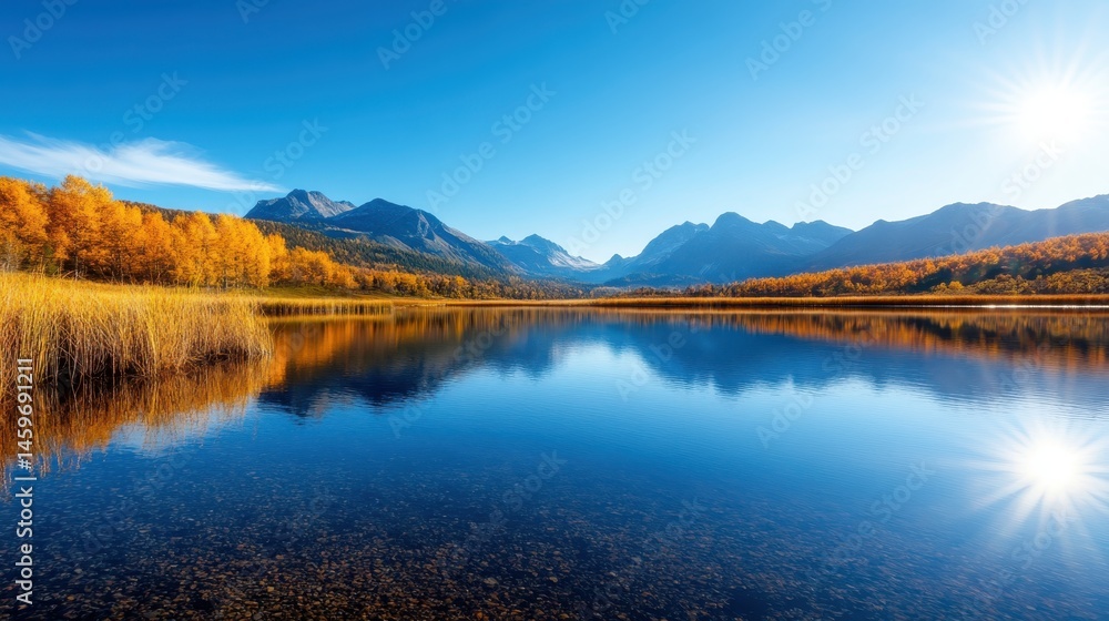 Fototapeta premium A captivating landscape showing a still lake reflecting golden autumn foliage and majestic mountains under a bright blue sky, exuding peace and tranquility.